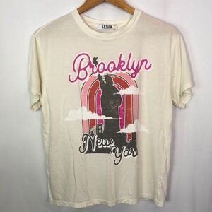 Anthropologie Cream and Pink Brooklyn Graphic Tee Short Sleeve Size S